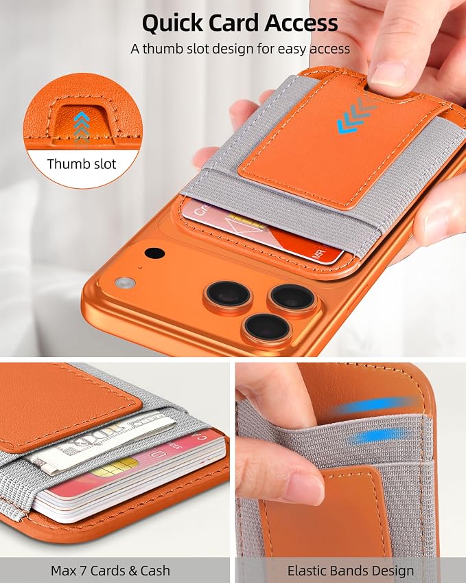 ExtreLife Upgraded for Magsafe Wallet, Stronger Magnetic Wallet for iPhone 17/16/15/14/13/12 Series, for iPhone Magsafe Wallets, Vegan Leather, Fit 7 Cards, Orange+Gray