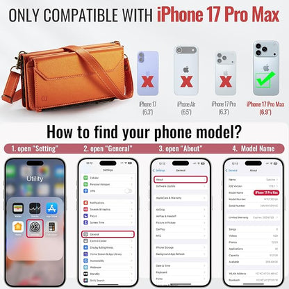 Strapurs Wallet Case Compatible with iPhone 17 Pro Max 6.9" RFID Blocking 10-Card Holder Soft PU Leather Magnetic Snap Shoulder Strap Zipper Pocket Phone Case Fit for iPhone 17 Pro Max - Orange