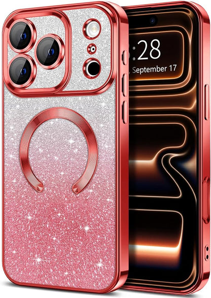 Hython for iPhone 17 Pro Case Glitter Clear Magnetic Phone Cases [Compatible with MagSafe] Full Camera Lens Protector Sparkle Luxury Plating Slim Shockproof Protective Cover Women, Gradient Red