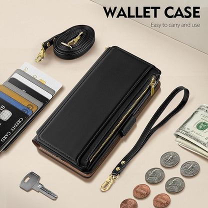 Antsturdy Compatible with iPhone 15 Wallet Case for Women【RFID Blocking】 Crossbody Phone Case PU Leather Zipper Wrist Strap Flip Protective Cover Credit Card Holder Slots,for Apple 15 6.1",Black