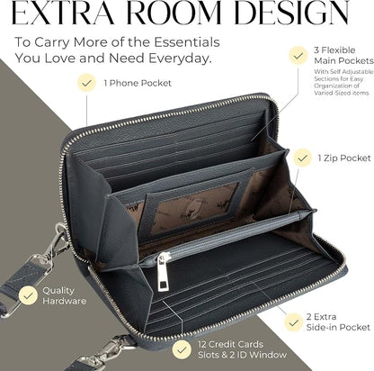 BULL GUARD Crossbody Leather Wallet Phone Purse, Anti Theft and RFID Blocking, Elegant Design for Travel