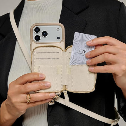 ZVE for iPhone 17 Pro Max Case Wallet with Card Holder,RFID Blocking Crossbody Strap Phone Cover for Women 6.9" Beige