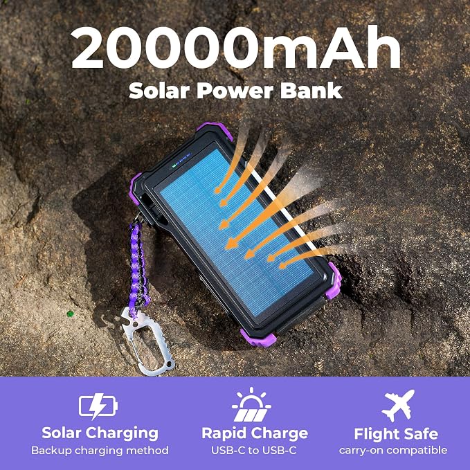 BLAVOR Solar Power Bank 20000mAh Built-in Cables, Wireless Charger for Apple Watch, 20W Fast Charging Battery Pack with USB C, Flashlight, Solar Charger for iPhone, iPad, iWatch, Samsung