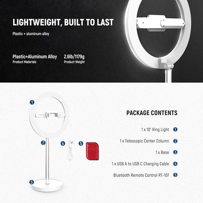 NEEWER Entry Level Version 10" 7W LED Selfie Ring Light with Desk Stand/Phone Holder/3 Modes, CRI85+ 3000mAh Rechargeable Video Conference Lighting for iPhone Streaming Video Recording Makeup, N17