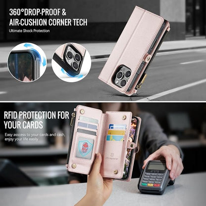 Strapurs for iPhone 16 Pro Max Detachable Wallet Case Compatible with Magsafe, RFID Blocking 9-Card Holder Zipper Strap Lanyard PU Leather Magnetic Phone Case for iPhone 16 Pro Max 6.9", Rose Gold