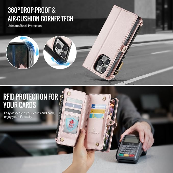 Strapurs for iPhone 16 Pro Detachable Wallet Case Compatible with Magsafe, RFID Blocking 9-Card Holder Zipper Wrist Strap Lanyard PU Leather Magnetic Phone Case for iPhone 16 Pro 6.3", Rose Gold