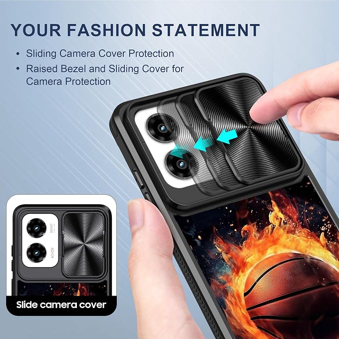 for Motorola Moto G Stylus 5G 2024 Case with Passionate Basketball, Metal Slide Camera Cover, Screen Protector, Anti-Peeping Privacy Safeguard, Camera Lens Protector Phone Case for Moto G Stylus 5G
