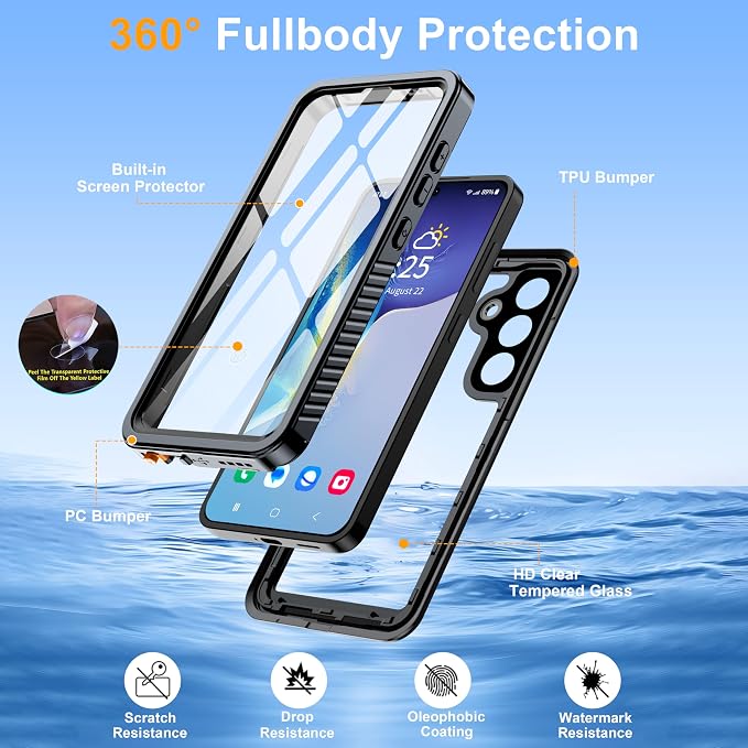 for Samsung Galaxy S25 Plus Case, IP68 Waterproof with Built-in Screen&Lens Protector [14FT Military Shockproof] Full Body Heavy Duty Protective Phone Case for S25 Plus 5G, Black