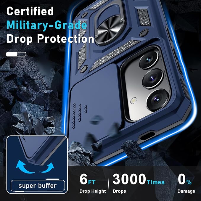 Janmitta Compatible with Samsung Galaxy S25 Plus/S24 Plus Case Built in Slide Camera Lens Cover+Screen Protector+Finger Ring Holder Kickstand,Heavy Duty Shockproof Full Body Phone Cover,Blue