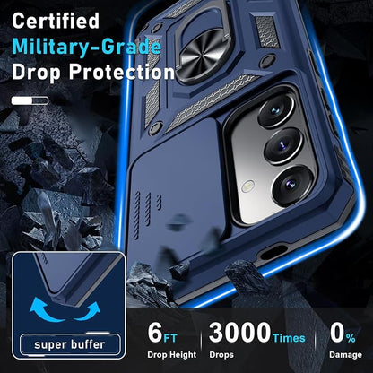 Janmitta Compatible with Samsung Galaxy S25 Plus/S24 Plus Case Built in Slide Camera Lens Cover+Screen Protector+Finger Ring Holder Kickstand,Heavy Duty Shockproof Full Body Phone Cover,Blue