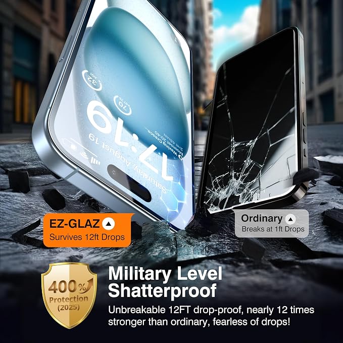 EZ-GLAZ- 4 Pack for iPhone 15 Plus Screen Protector [6.7"] With 2 Pack Camera Lens Protector, 9H+ Hardness 12FT Military Grade Shatterproof Scratch Resistant Durable Tempered Glass Film with Flawless Fit Kit, HD Clear