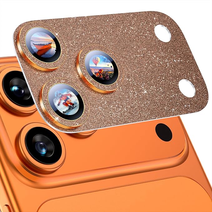 Uyiton for iPhone 17-Pro-Max Camera-Lens Protector: Bling [Not Easy to Break][Strong Adsorption][Case-Friendly] Metal Tempered Glass Rear Camera Screen Cover - Glitter Orange
