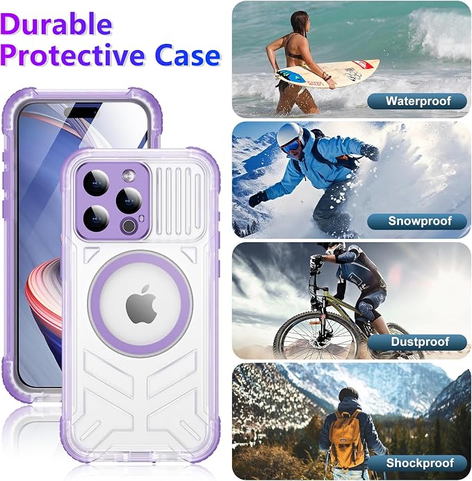 Temdan Magnetic for iPhone 15 Pro Case Waterproof,[Built-in Screen & Camera Protector][Full Body Shockproof][IP68 Underwater][Dustproof] Shockproof Phone Case for iPhone 15 Pro 6.1"-Purple