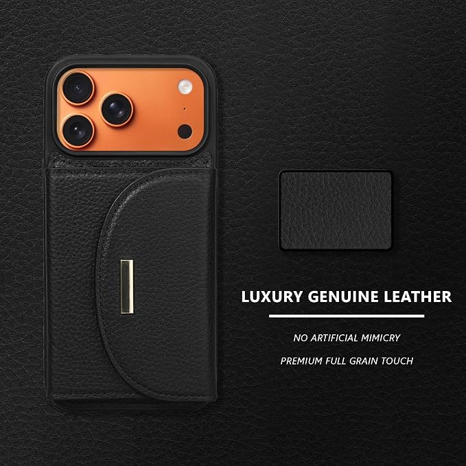 Keallce Wallet Case for iPhone 17 Pro Max 6.9'', Genuine Leather Magnetic Flip Case with RFID Blocking, Card Holder Slots and Kickstand, Protective Folio Cover for Women, Black