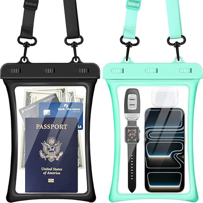 CACOE [Floatable Floating Universal IPX8 Waterproof Phone case 2 Pack-Up to 10.0",Adjustable Lanyard Phone Pouch,Cellphone Dry Bags for Vacation Beach Pool Kayak Cruise Travel Essentials（Black+Green）