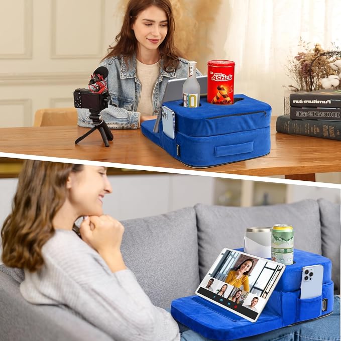 TabCouchCaddy - Couch Cup Holder Tray Pillow - Bed, Couch Caddy, Sofa, RV & Car - Holds Drinks, Snacks, Remotes, Phones, Kindle, Tablet | Bed Cup Holder (Blue)