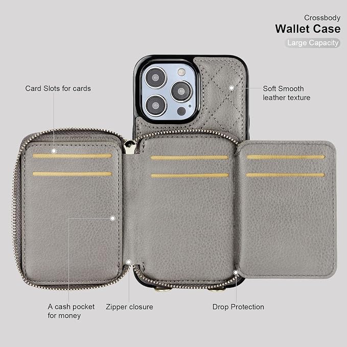 Bocasal Crossbody Wallet Case for iPhone 14 Pro Max, RFID Blocking PU Leather Zipper Handbag Purse Flip Cover, Kickstand Folio Case with Card Slots Holder Wrist Strap Lanyard 5G 6.7 Inch (Grey)