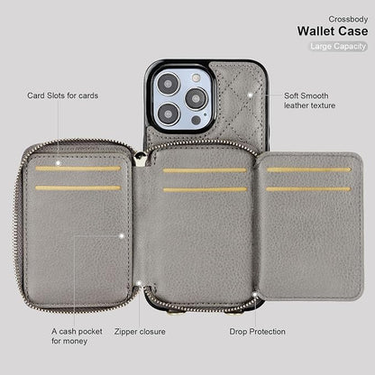 Bocasal Crossbody Wallet Case for iPhone 14 Pro Max, RFID Blocking PU Leather Zipper Handbag Purse Flip Cover, Kickstand Folio Case with Card Slots Holder Wrist Strap Lanyard 5G 6.7 Inch (Grey)