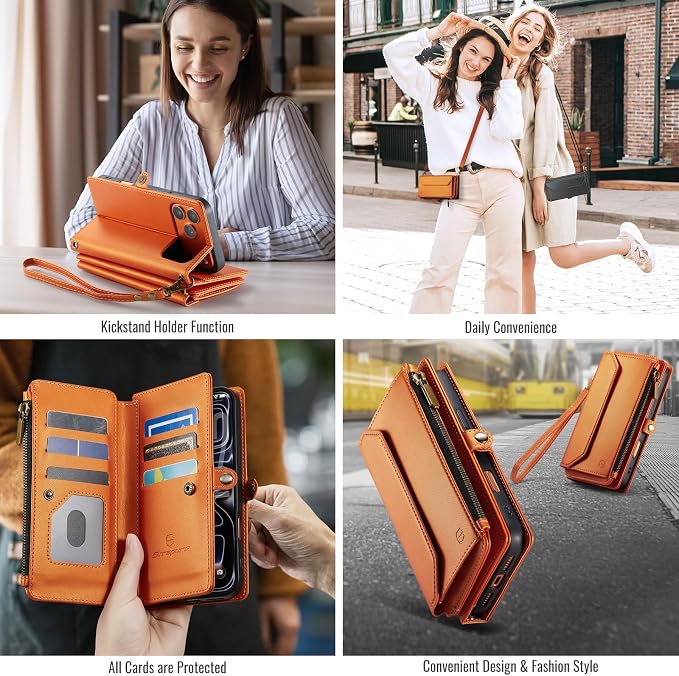 Strapurs Wallet Case Compatible with iPhone 17 Pro 6.3" RFID Blocking 9-Card Holder Soft PU Leather Magnetic Snap Shoulder Strap Zipper Pocket Phone Case Fit for iPhone 17 Pro for Women - Orange