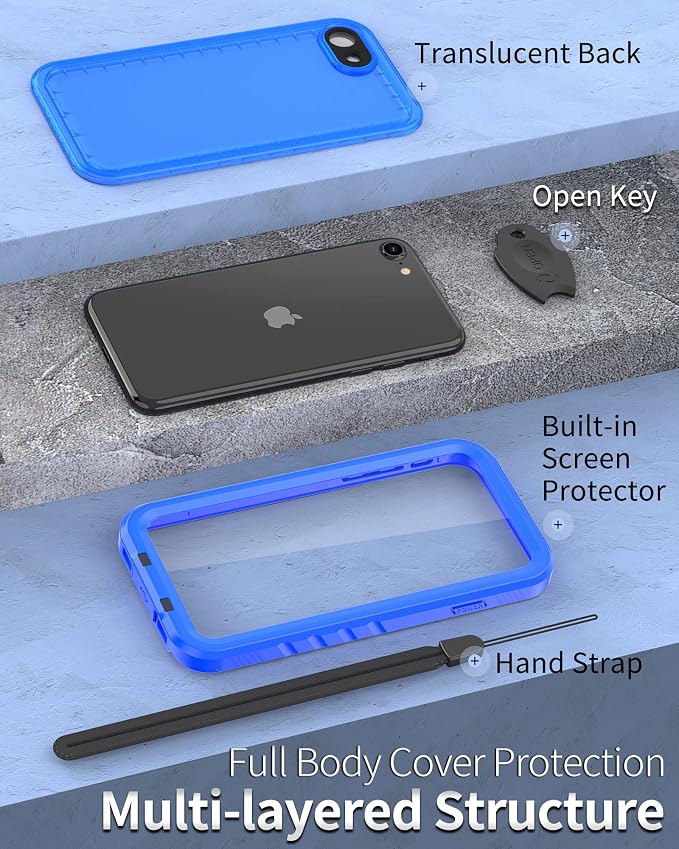 SPORTLINK for iPhone SE 3rd 2022/iPhone SE 2nd 2020/iPhone 7/8 Waterproof Case - Built in Screen Protector Full Body Shockproof Dustproof IP68 Waterproof Case for iPhone SE3/SE2/7/8 Frosted Blue