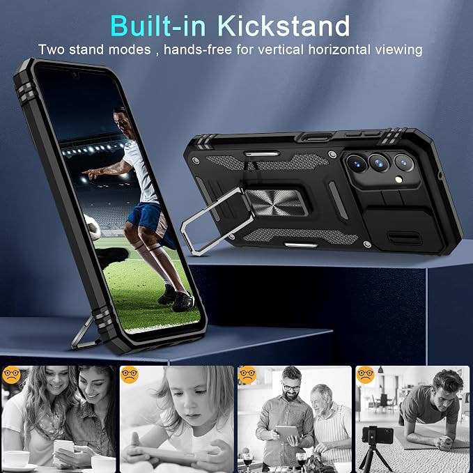 DEERLAMN Case for Samsung Galaxy A15 5G with Slide Camera Cover+Screen Protector (1 Pack), Rotated Ring Kickstand Military Grade Shockproof Protective Cover-Black