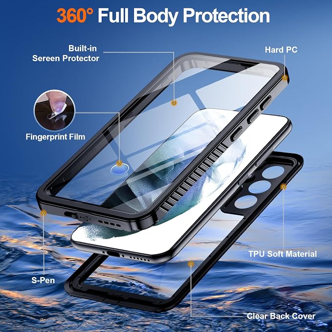 Hualele Waterproof Galaxy S21 Plus Case, Built in Lens & Screen Protector Rugged Full Body Heavy Duty Protective Shockproof IP68 Underwater Cover for Samsung Galaxy S21+ Black