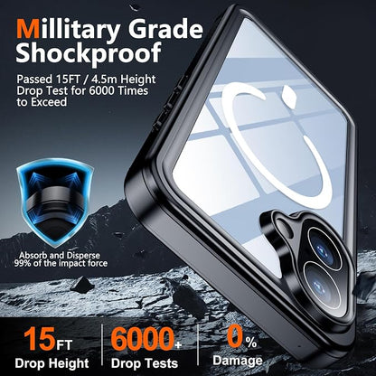 SPIDERCASE Magnetic for iPhone 17 Case- [Compatible with Magsafe] [IP68 Underwater] 15FT Military Grrade Shockproof Full Body Sealed Drop Protection with Lanyard for iPhone 17 6.3"-Blue/Clear