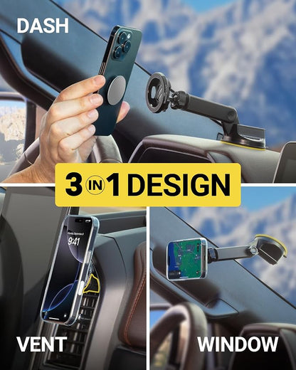 Scosche MagSafe Car Mount, Suction Cup Magnetic Windshield/Dashboard Cell Phone Holder with Vent Clip & Adjustable Flip Arm Compatible with PopSocket, iPhone 17/16/15/14/13/12, Samsung Galaxy, 2-Pack