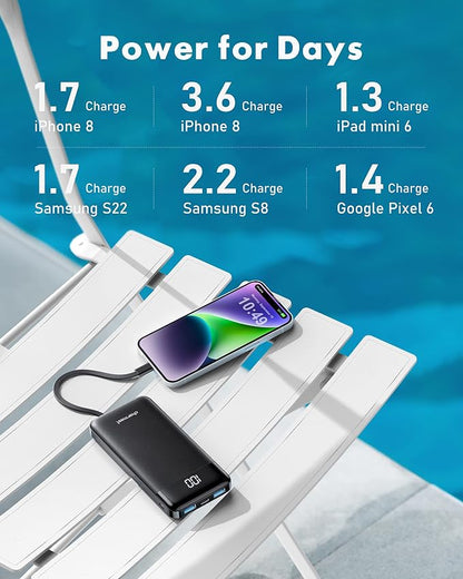 charmast 2 Pack 10000mAh Portable Charger, Power Bank with Built-in 4 Cables, 6 Outputs & 3 Inputs, Battery Pack with Digital Display, Travel Essential for iPhone All Series & Android, Family Sharing