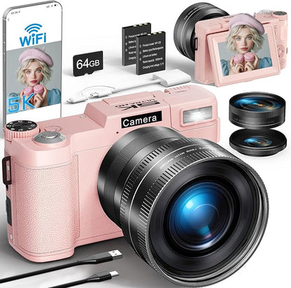 FLATIC 5K Digital Camera with WiFi, Cameras for Photography with 180°Flip Screen, Vlogging Camera with 64GB Card, Battery, Camera for Beginner, Teens