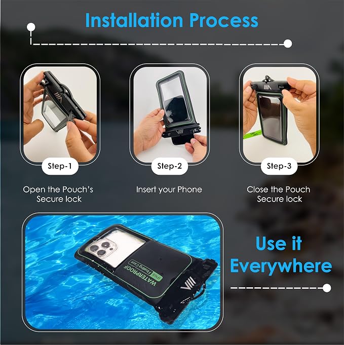 【2025 Upgraded】4 Pack Black - IP68 Waterproof Phone Pouch Floating Design No Sink Waterproof Phone Case - Beach Pool Travel Essentials - Works w/ All Phones - Detachable Lanyard - Black/Hi-Vis Green