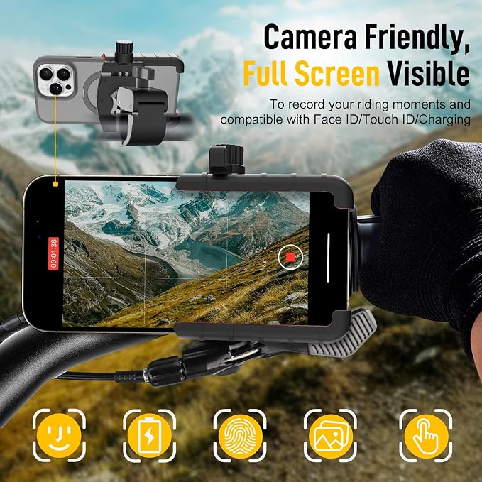 Moman Bike Phone Holder, PMS1 Universal Motorcycle Phone Mount【Unobstructed Lens】 360° Rotatable Quick Release Compatible with iPhone Samsung 4.5”-7.0” Phone, Motorcycle-Phone-Holder-Motorbike-Mount
