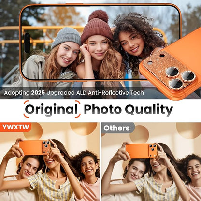 YWXTW for iPhone 17 Pro Max Camera Lens Protector, [Upgraded Glitter Design] Full Bling Sparkly Diamond Tempered Glass Screen Protector Metal Camera Cover Accessories (Glitter Orange, iPhone 17 Pro Max)