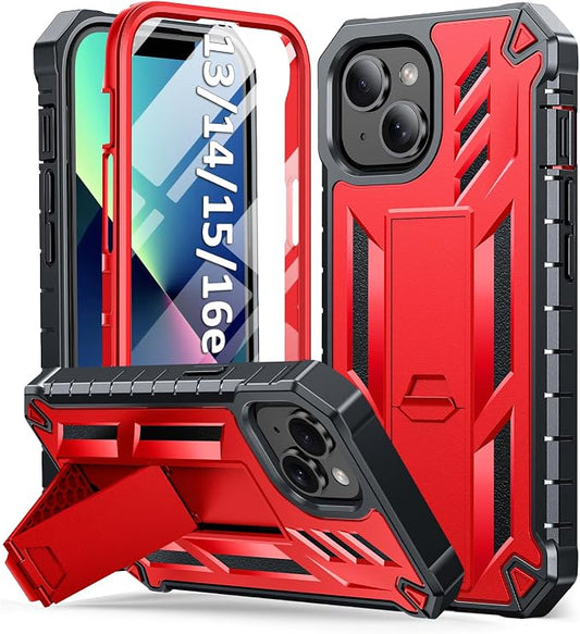 SOiOS for iPhone 13/14/15 Phone Case: for iPhone 16e Protective Cover with Built-in Kickstand | Heavy Duty Military Grade Hard Protection Shock Proof | Durable Dual-Layer Design Red