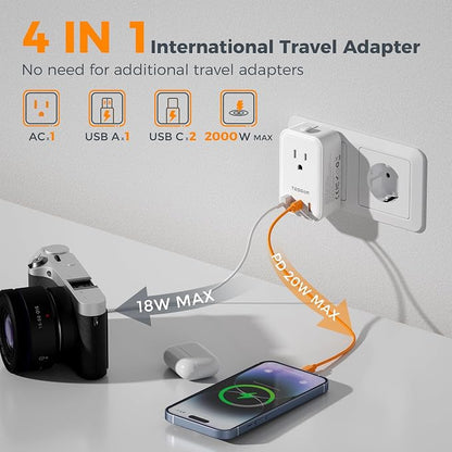 TESSAN Universal Travel Adapter PD 20W, International Power Adapter with 2 USB C 1 USB A Charging Ports, Worldwide Power Outlet Travel Essentials for US to EU UK AUS Scotland (Type C G A I), White