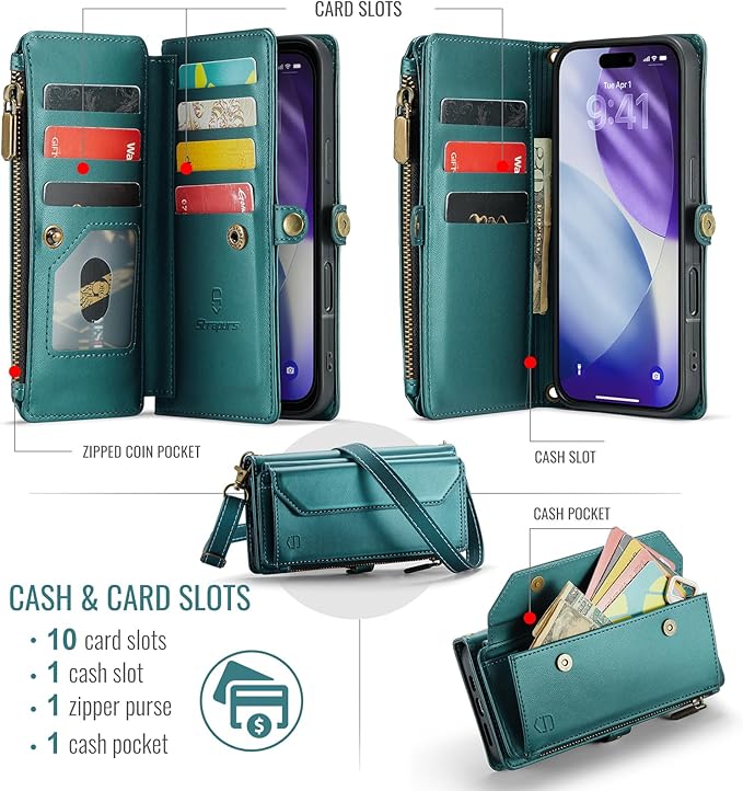 Strapurs Wallet Case Compatible with iPhone 17 Pro Max 6.9" RFID Blocking 10-Card Holder Soft PU Leather Magnetic Snap Shoulder Strap Zipper Pocket Phone Case Fit for iPhone 17 Pro Max - Blue Green