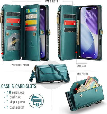 Strapurs Wallet Case Compatible with iPhone 17 Pro Max 6.9" RFID Blocking 10-Card Holder Soft PU Leather Magnetic Snap Shoulder Strap Zipper Pocket Phone Case Fit for iPhone 17 Pro Max - Blue Green