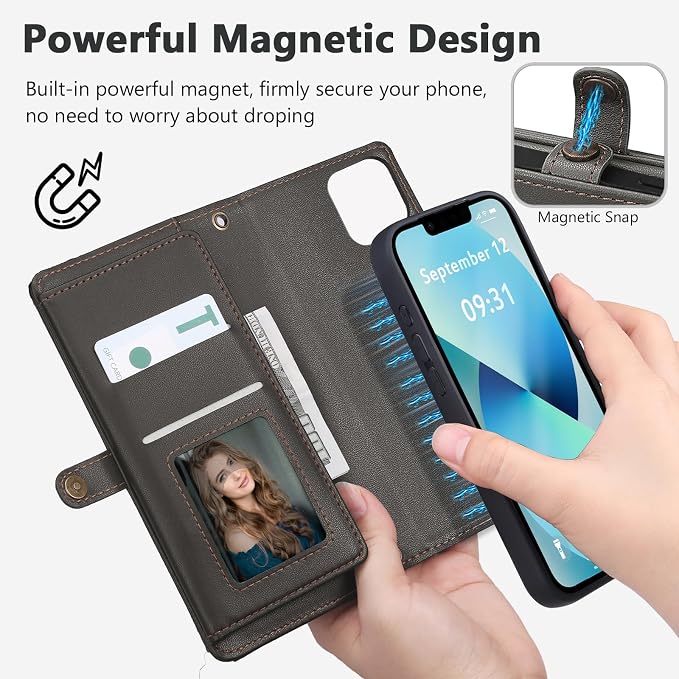 Wallet Case for iPhone 13 with Card Holder/Crossbody Wallet/Strap| RFID Blocking | Magnetic | Kickstand | Detachable | PU Leather Phone Case for iPhone 13,6.1 in,Black