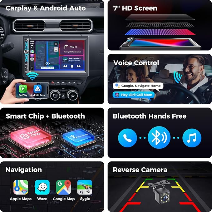 7" Double Din Car Stereo with Wireless Apple Carplay & Android Auto, Bluetooth, 240W, SWC, Subwoofer Out, Mirror Link, USB-C/AUX/TF, FM/AM Car Radio Receiver, Backup Camera