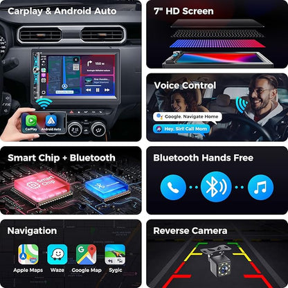7" Double Din Car Stereo with Wireless Apple Carplay & Android Auto, Bluetooth, 240W, SWC, Subwoofer Out, Mirror Link, USB-C/AUX/TF, FM/AM Car Radio Receiver, Backup Camera