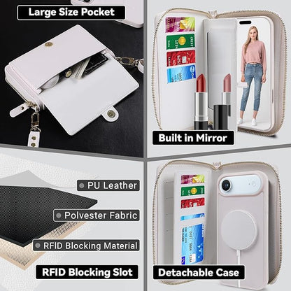 Lacass for iPhone 17 Air Detachable Crossbody Wallet Case, Compatible with MagSafe Magnetic 2 in 1 RFID Blocking PU Leather Wallet Cover Card Holder Zipper Make Up Mirror (White)