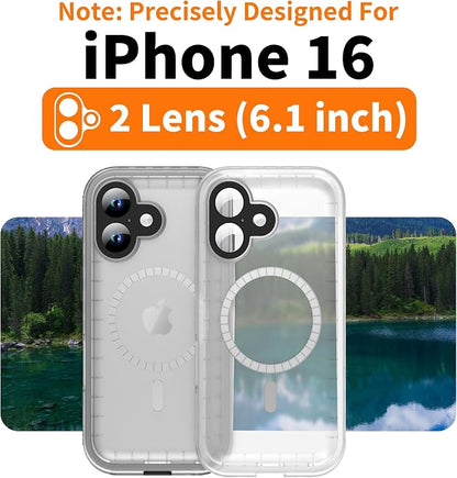 Cozycase for iPhone 16 Waterproof Shockproof Dustproof Case [Compatible with MagSafe] - Heavy Duty/360 Full Body/Military Grade/Rugged Built in Screen/Camera Protector Black/Frosted Clear 6.1 inch