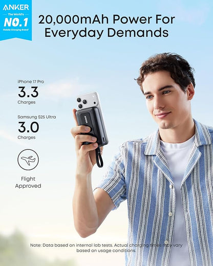 Anker Zolo Power Bank, 20,000mAh 45W Max Fast Portable Charger with Built-in USB-C Cable, USB C&A, 40W Battery Pack for iPhone 17 Series, MacBook, Samsung, and More (Charger Not Included)