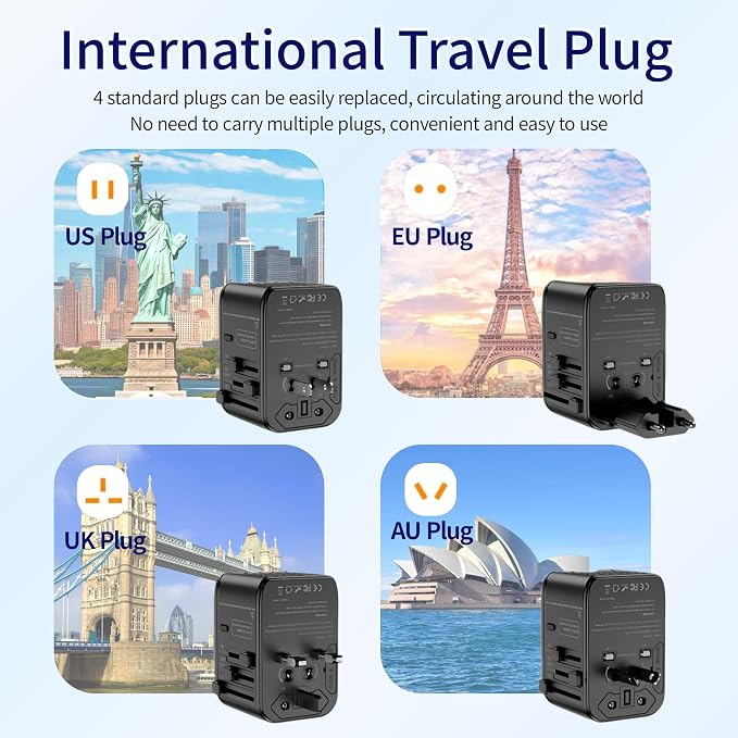 220V to 110V Voltage Converter Universal Travel Adapter International Step Down Power Adapter Converter with 3 USB C and USB A Ports US Canada to Europe Plug Adapter Travel Plug Adapter (Black)