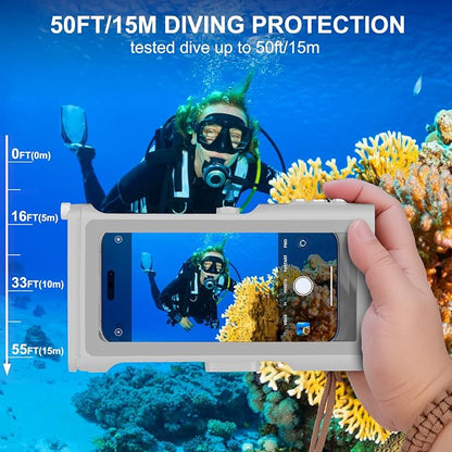 Universal Underwater Phone Diving Case with Bluetooth Controller, IP68 50FT Waterproof for iPhone 17 (Standard Only), iPhone 16/15/14/13/12/11 & Galaxy S24/S23/S22, Grey+Orange