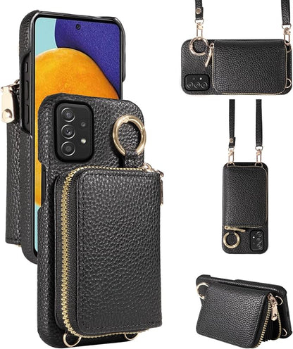 Wallet Case for Samsung Galaxy A52/A52S 5G with Shoulder Strap Ring Buckle, PU Leather Zipper Organ Purse, Credit Card Holder Stand Cell Phone Cover for A 52 S 4G G5 52A S52 52S Women Men Black
