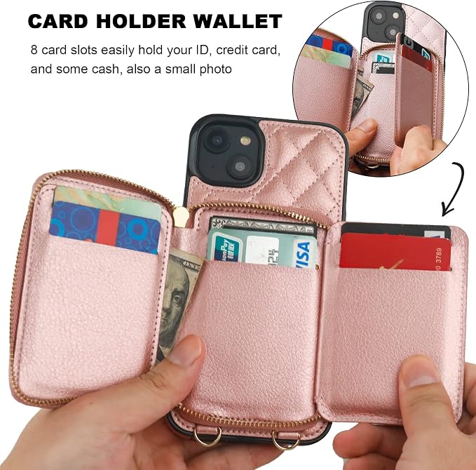 Bocasal Crossbody Wallet Case for iPhone 14 Plus, RFID Blocking PU Leather Zipper Handbag Purse Flip Cover, Kickstand Folio Case with Card Slots Holder Wrist Strap Lanyard 5G 6.7 Inch (Rose Gold)