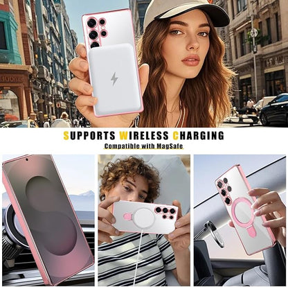 Magnetic for Samsung Galaxy S24 Ultra Case Stand & Ring Holder Compatible with MagSafe Built-in Camera Lens Protector Phone Case for Samsung S24 Ultra - Pink