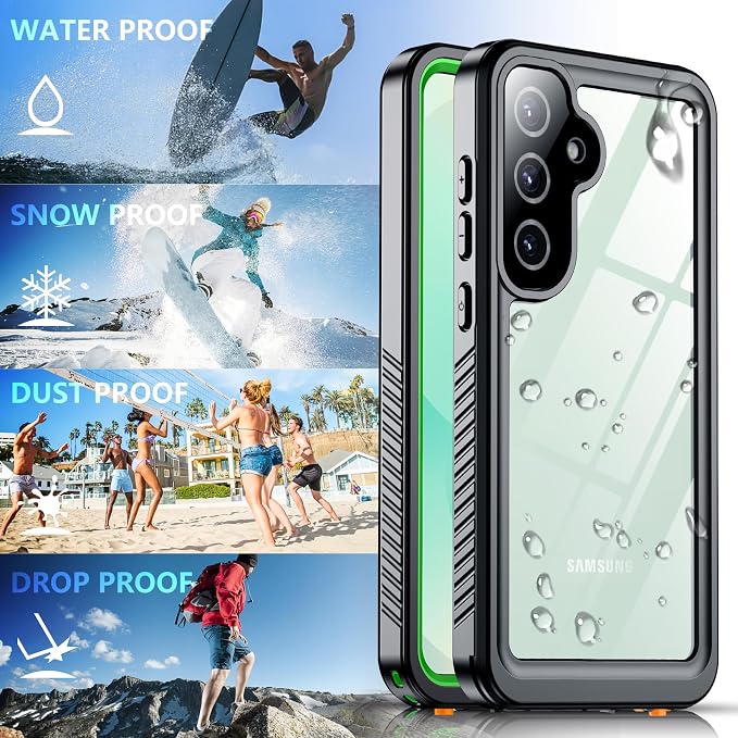 SPIDERCASE Upgraded for Samsung Galaxy S25 Plus Case Waterproof,Built-in Screen & Camera Lens Protector[IP68 Underwater] [Military Grade Shockproof] Full Body Protection Phone Case,Green/Clear