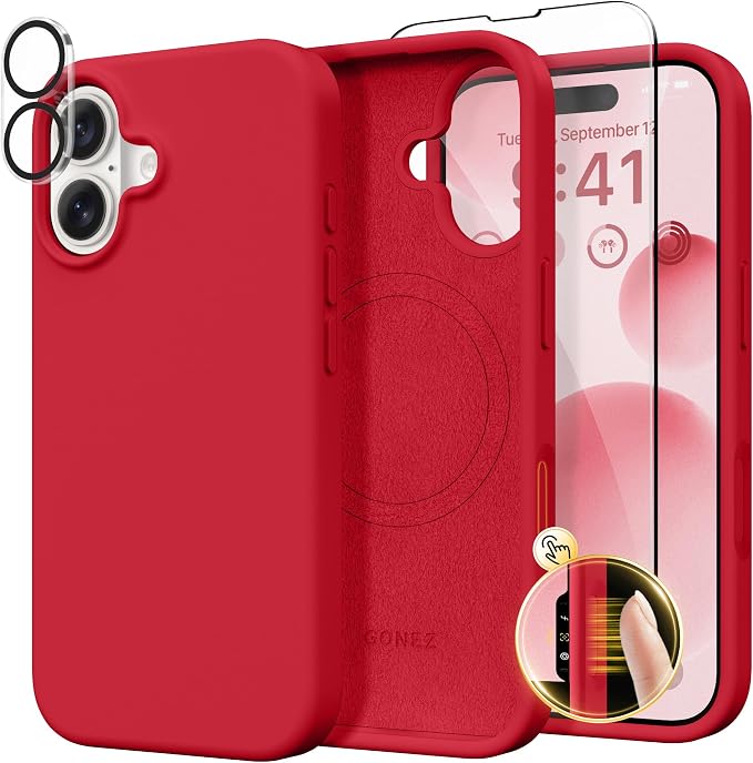 GONEZ Magnetic for iPhone 16 Case, Compatible with MagSafe, [Screen Protector + Camera Lens Protector], Liquid Silicone Shockproof Protective Phone Case for iPhone 16 6.1", Red